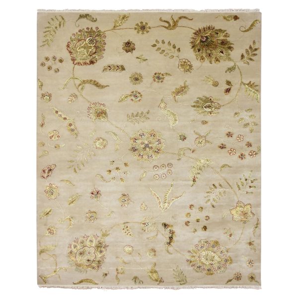 8'x9'9" Linen White, Borderless Botanical Design, Half Wool and Half Silk, Densely Woven, Soft Pile, Hand Knotted, Oriental Rug HR75588