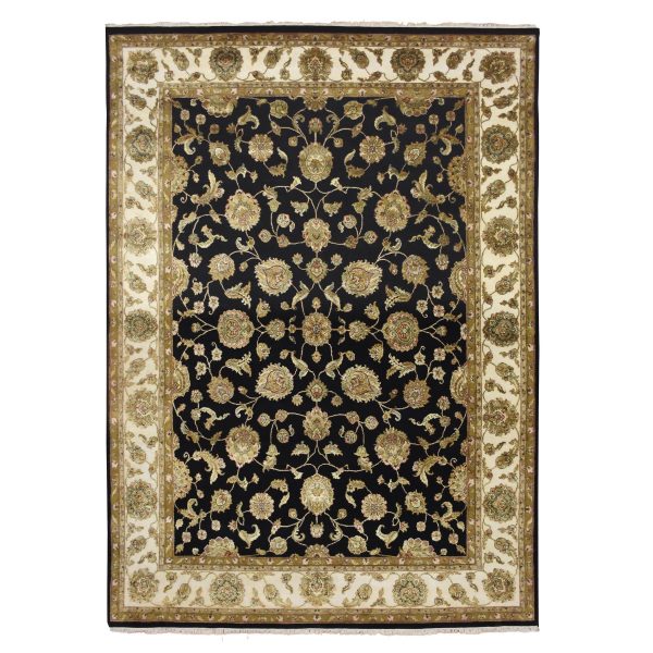 8'7"x12'1" Jade Black, Rajasthan with All Over Leaf Design, Hand Knotted, Wool and Silk, Densely Woven, Thick and Plush, Oriental Rug HR75591