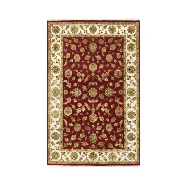 6'x9'2" Ruby Red, Thick and Plush, Rajasthan with All Over Leaf Design, Hand Knotted, Wool and Silk, Soft Pile, Oriental Rug HR75599