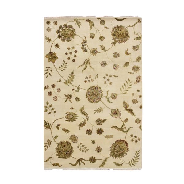 6'x9' Bone White, Hand Knotted, Borderless Botanical Design, Half Wool and Half Silk, Densely Woven, Soft Pile, Oriental Rug HR75600