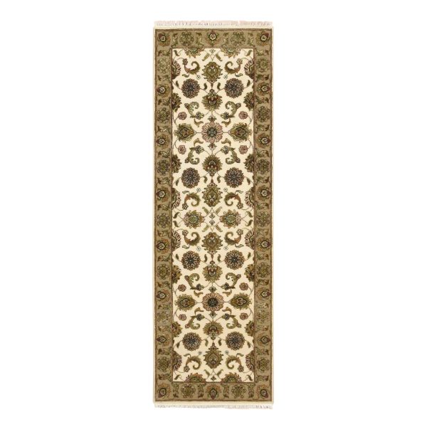 2'6"x8' Alabaster White, Rajasthan with All Over Leaf Design, Hand Knotted, Wool and Silk, Soft Pile, Thick and Plush, Runner, Oriental Rug HR75612