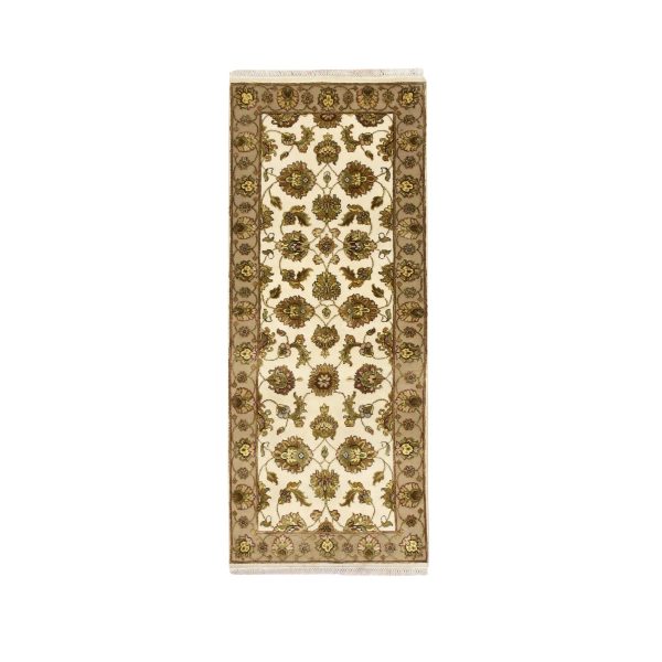 2'6"x6'2" Bone White, Rajasthan with All Over Leaf Design, Hand Knotted, Wool and Silk, Soft Pile, Thick and Plush, Runner, Oriental Rug HR75626