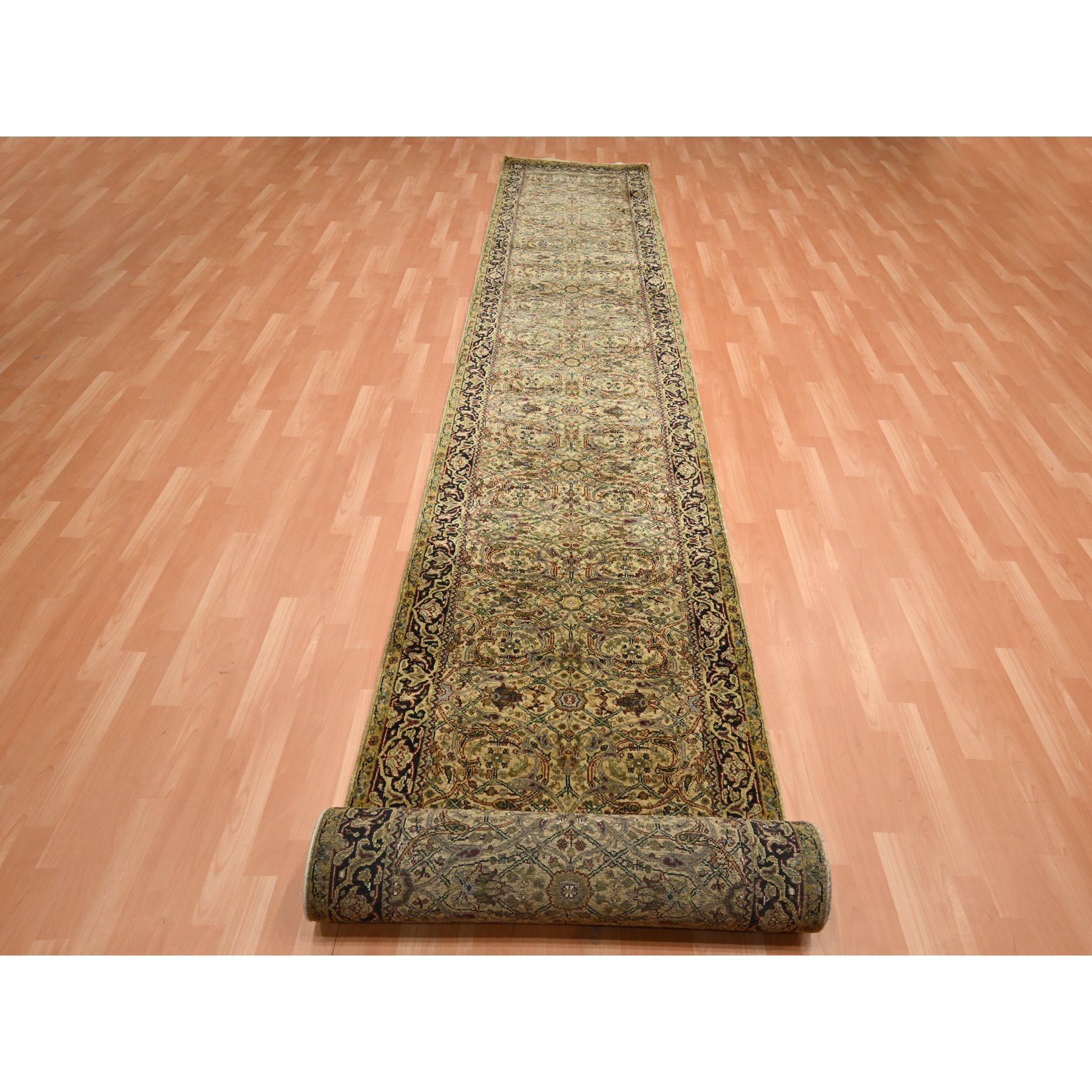 3'2"x19'4" Golden Yellow, Hand Knotted, Rajasthan with All Over Leaf Design, Densely Woven, 100% Wool, Thick and Plush, XL Runner, Oriental Rug HR75632 - Image 2