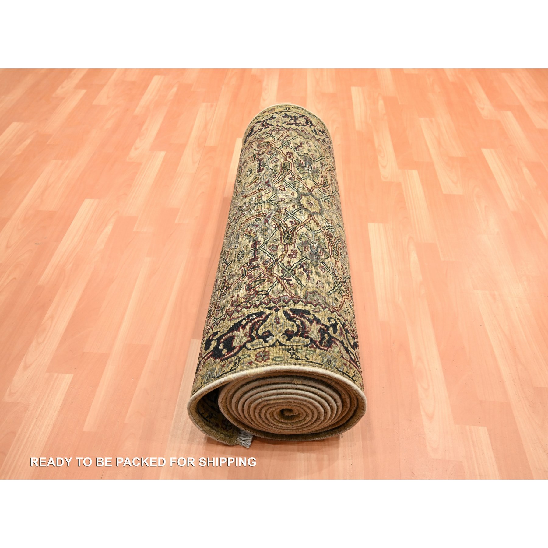 3'2"x19'4" Golden Yellow, Hand Knotted, Rajasthan with All Over Leaf Design, Densely Woven, 100% Wool, Thick and Plush, XL Runner, Oriental Rug HR75632 - Image 5