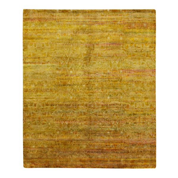 8'x9'3" Golden Brown with Green, Modern Design, Sari Silk, Hand Knotted, Thick and Plush, Squarish, Oriental Rug HR75642
