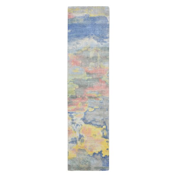 3'x12' Gray with Pastel Color Shades, Modern Design, Pure Silk, Shaved Low, Hand Knotted, Runner, Oriental Rug HR75657