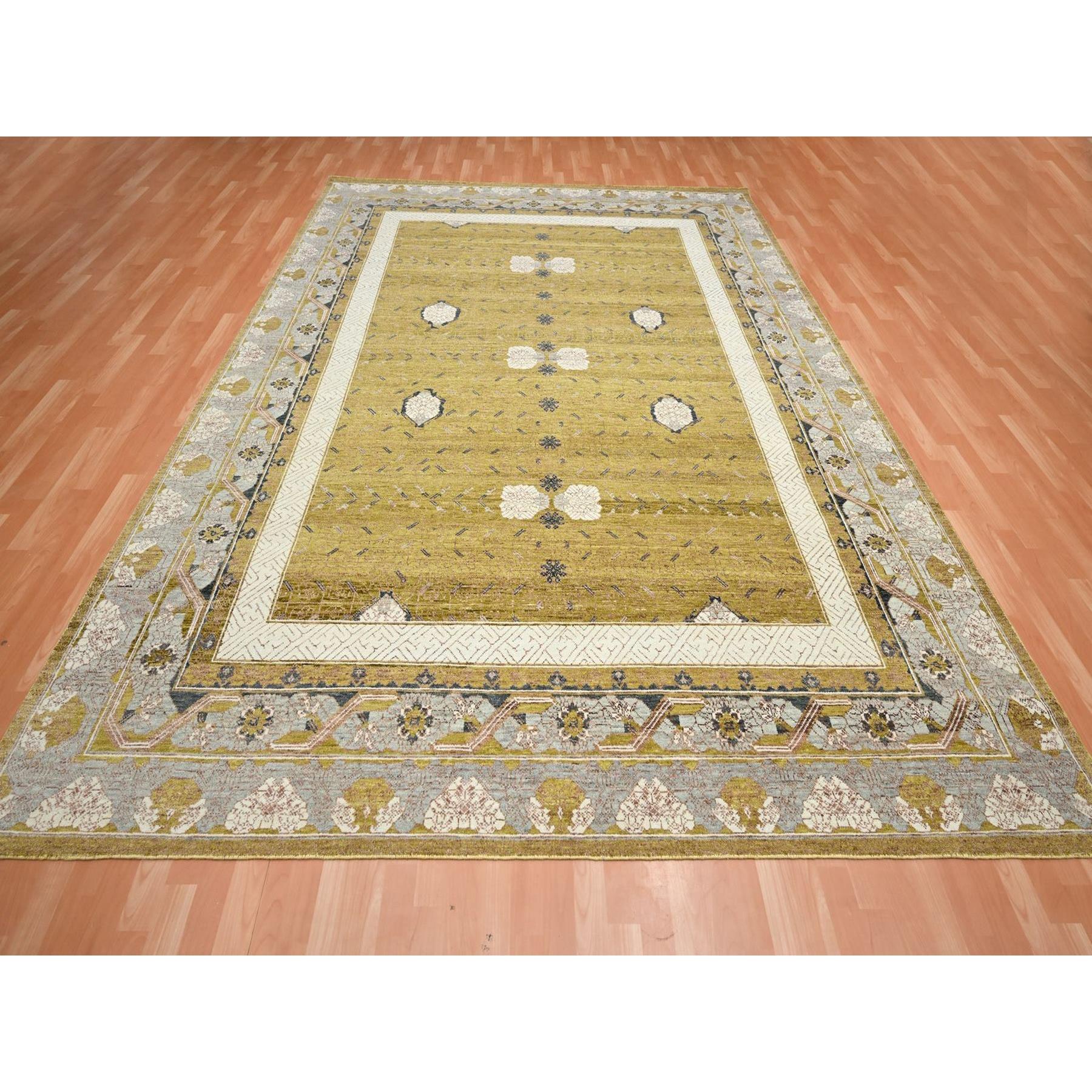 9'1"x12'1" Golden Yellow, Pinecone Design, 100% Wool, Hand Knotted, Shaved Low, Densely Woven, Oriental Rug HR75692 - Image 2