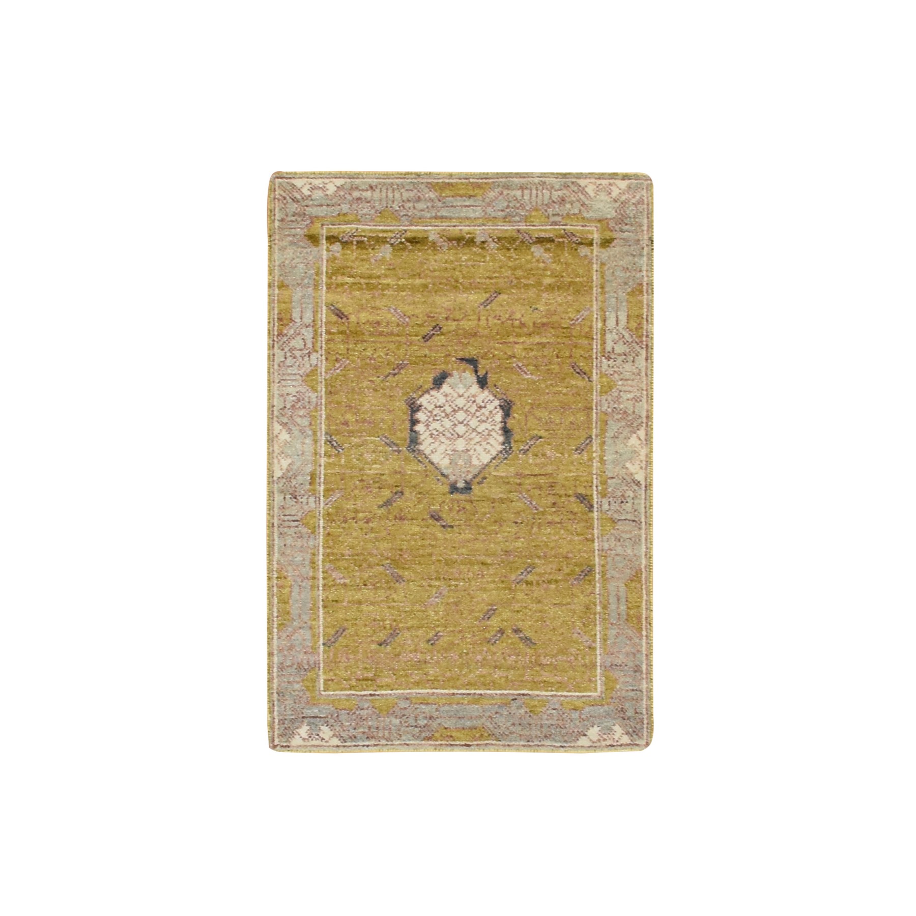 2'1"x3'2" Golden Yellow, Pinecone Design, 100% Wool, Hand Knotted, Densely Woven, Shaved Low, Sample, Mat, Oriental Rug HR75694