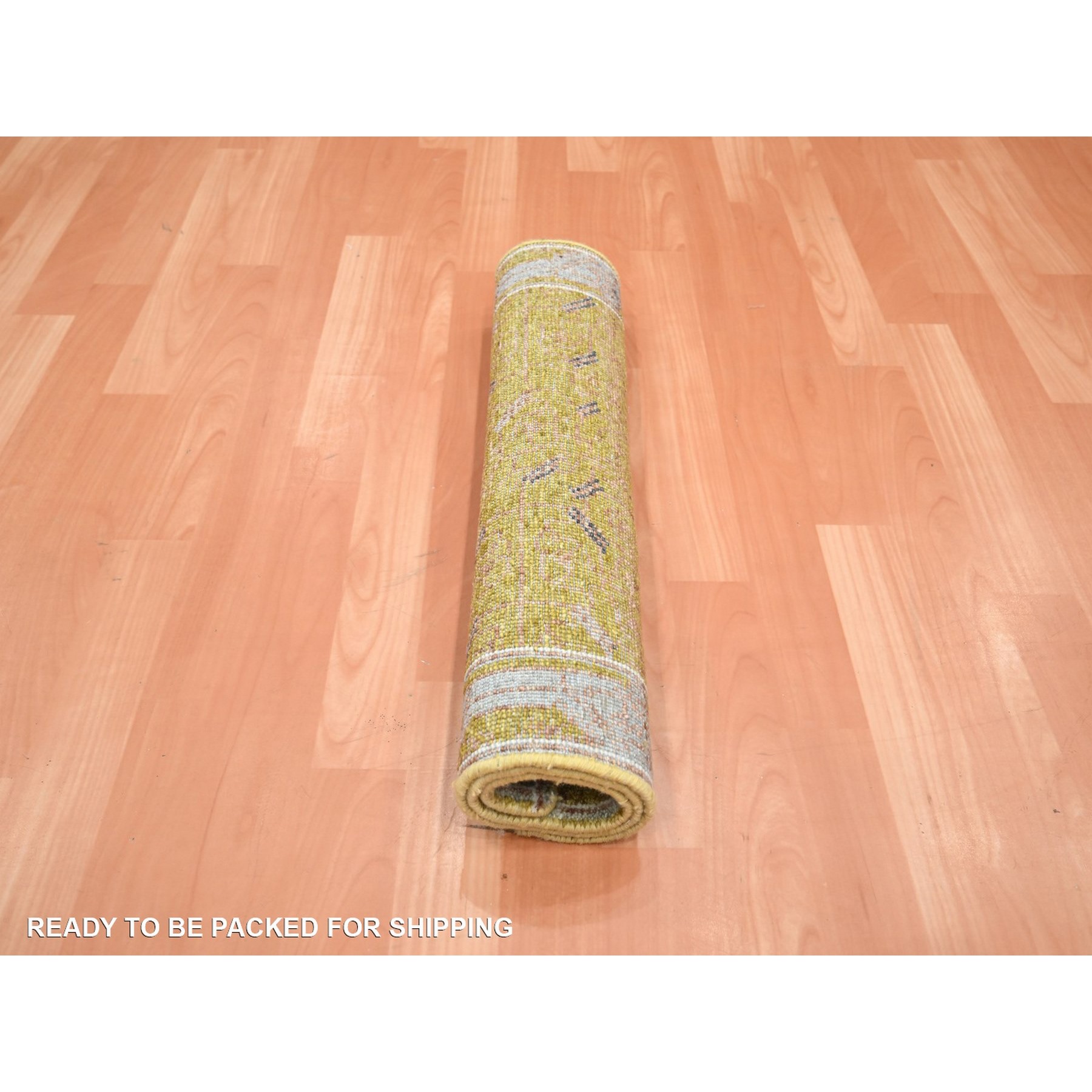 2'1"x3'2" Golden Yellow, Pinecone Design, 100% Wool, Hand Knotted, Densely Woven, Shaved Low, Sample, Mat, Oriental Rug HR75694 - Image 5