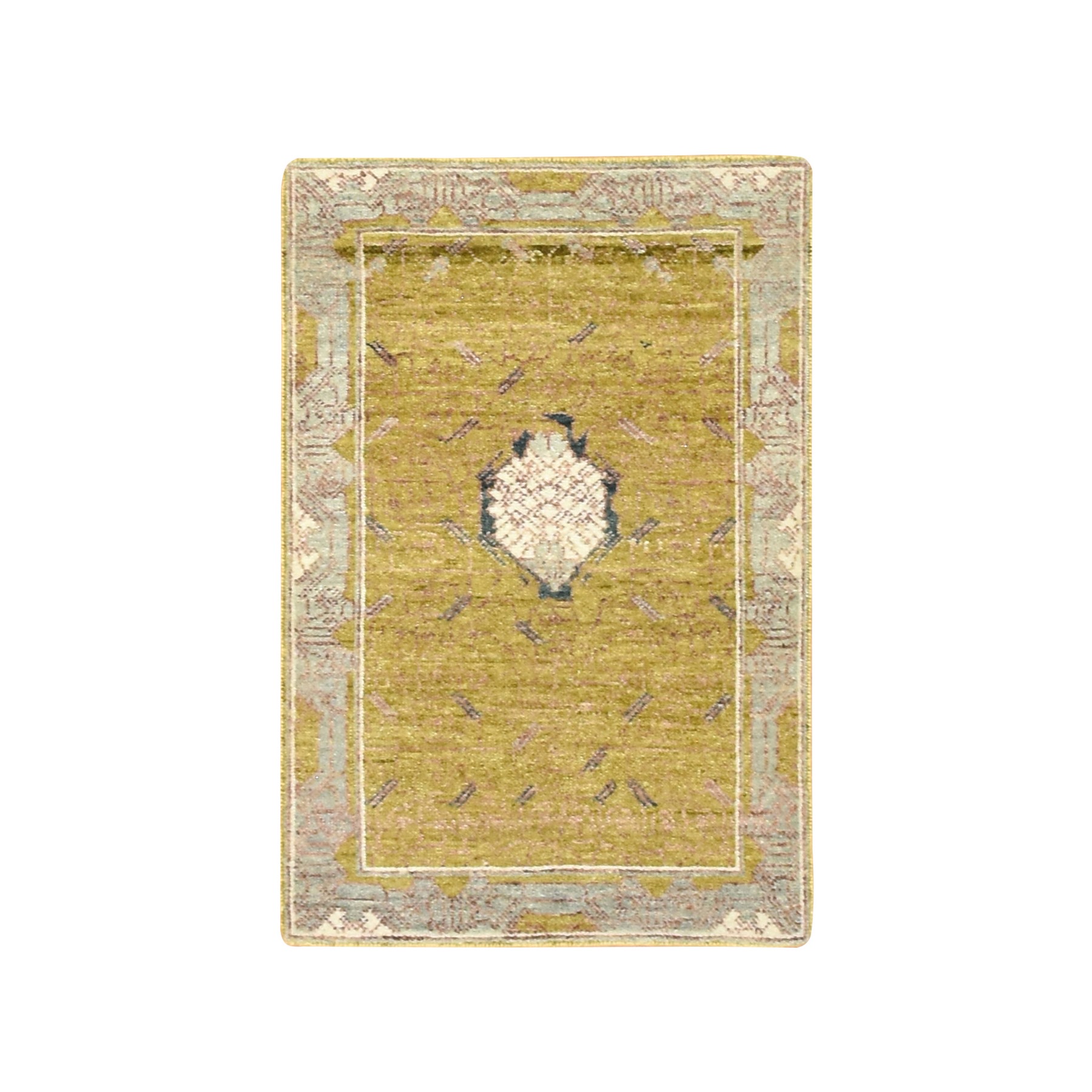 2'1"x3'1" Golden Yellow, Pinecone Design, Hand Knotted, Pure Wool, Shaved Low, Densely Woven, Mat, Sample, Oriental Rug HR75695
