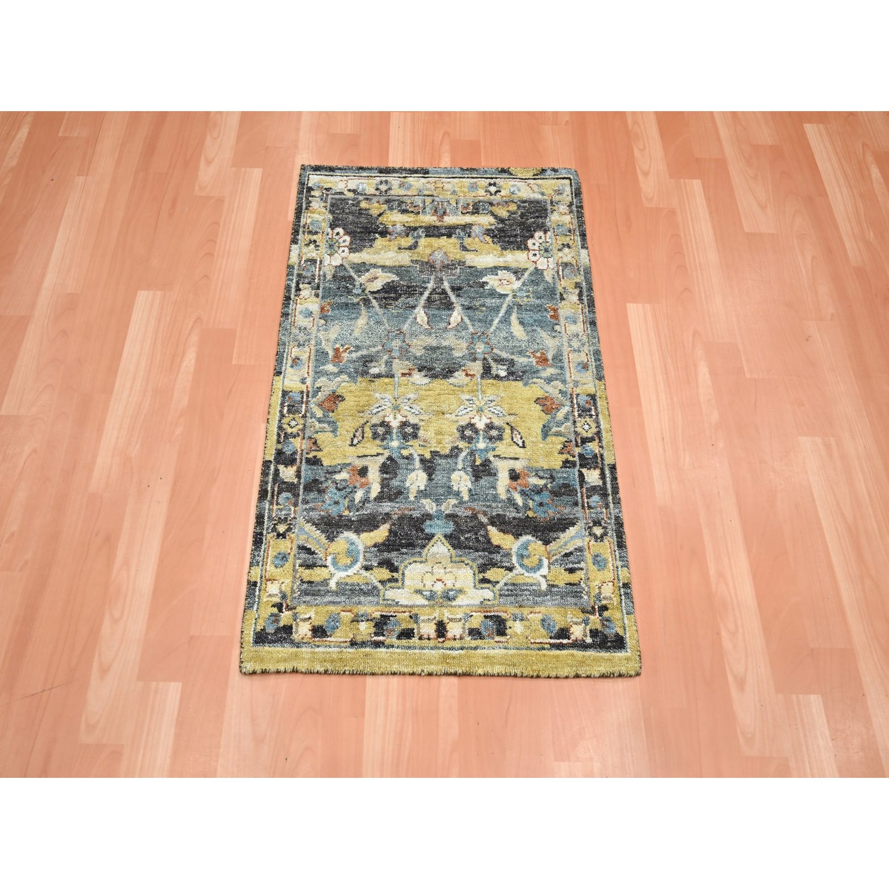 2'x3'3" Stone Blue with Yellow, Abrash Persian Design, 100% Wool, Shaved Low, Zero Pile, Hand Knotted, Mat, Sample, Oriental Rug HR75697 - Image 2