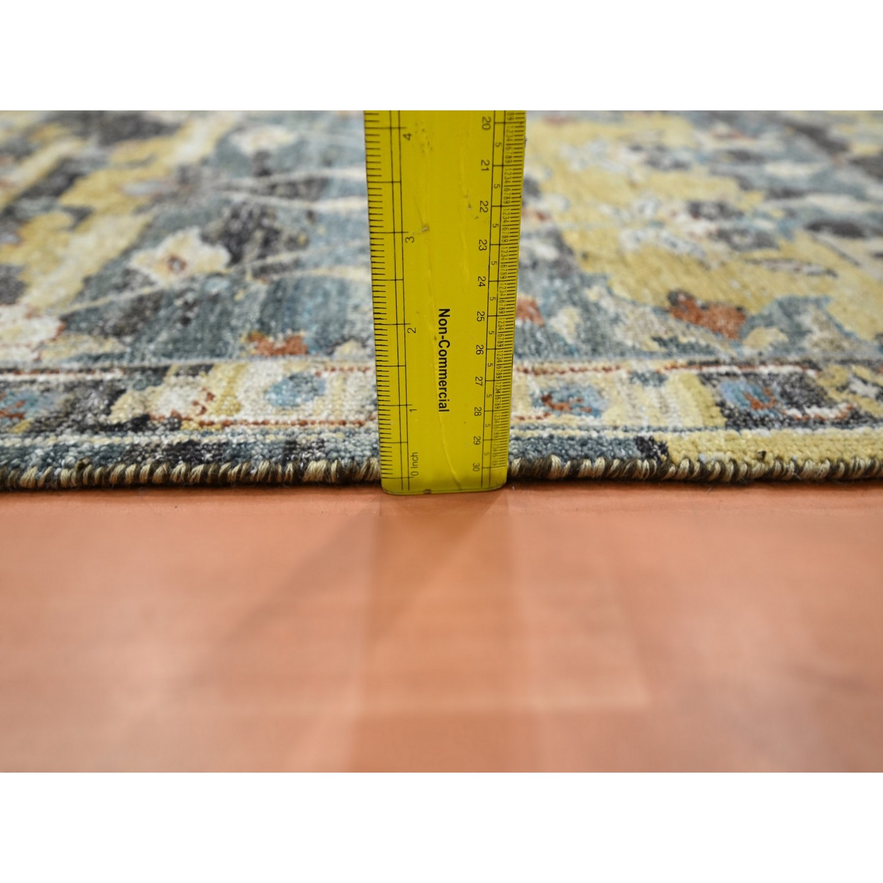 2'x3'3" Stone Blue with Yellow, Abrash Persian Design, 100% Wool, Shaved Low, Zero Pile, Hand Knotted, Mat, Sample, Oriental Rug HR75697 - Image 3