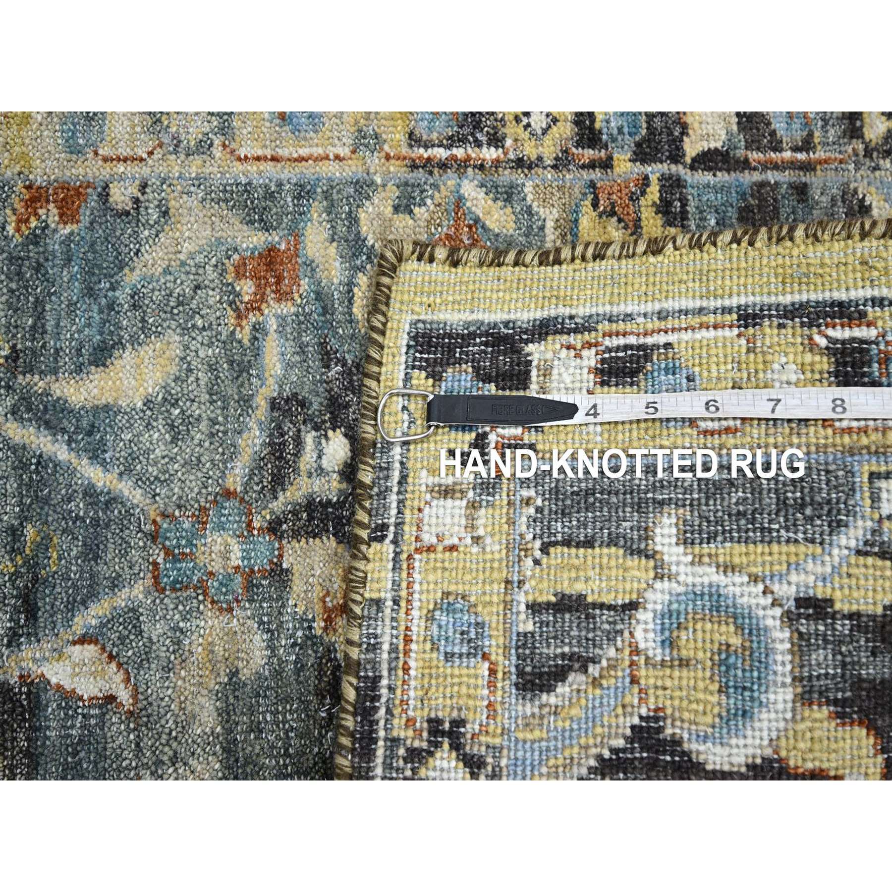 2'x3'3" Stone Blue with Yellow, Abrash Persian Design, 100% Wool, Shaved Low, Zero Pile, Hand Knotted, Mat, Sample, Oriental Rug HR75697 - Image 4