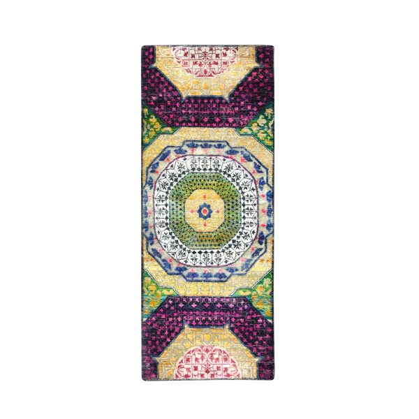2'6"x6'5" Macaroon Yellow, Colorful Mamluk Design, Sari Silk with Textured Wool, Hand Knotted, Runner, Oriental Rug HR75701