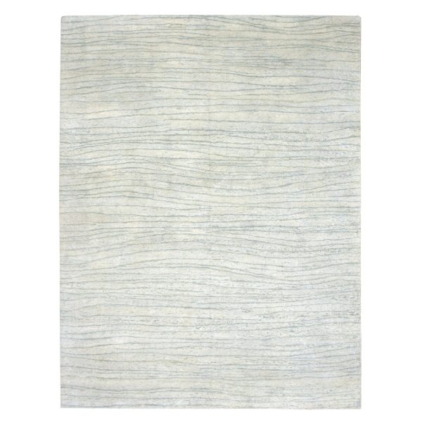 9'x12' Swan White, Modern, Wavy Design, Pure Silk, Hand Knotted, Lush and Plush, Oriental Rug HR75705