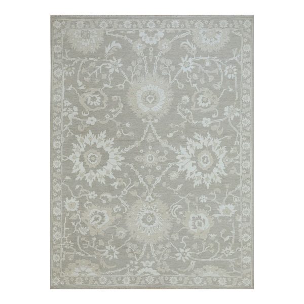 9'1"x12'3" Fossil Gray, Ziegler Mahal Large Flowers Design, Tone on Tone, Zero Pile, 100% Wool, Hand Knotted, Dense Weave, Oriental Rug HR76163