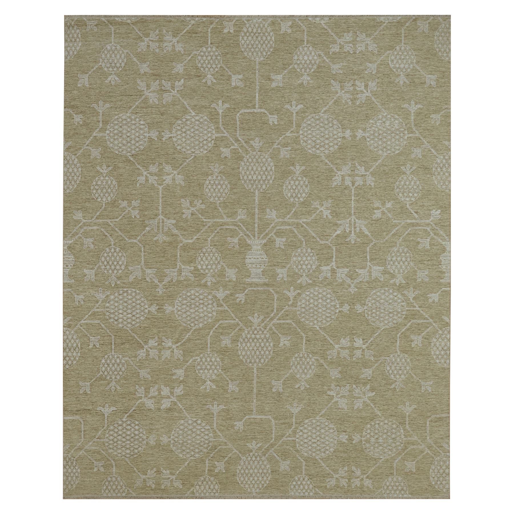 8'1"x10'1" Dark Vanilla Brown, Pomegranate Khotan Design, Tone on Tone, Zero Pile, 100% Wool, Hand Knotted, Dense Weave, Oriental Rug HR76166