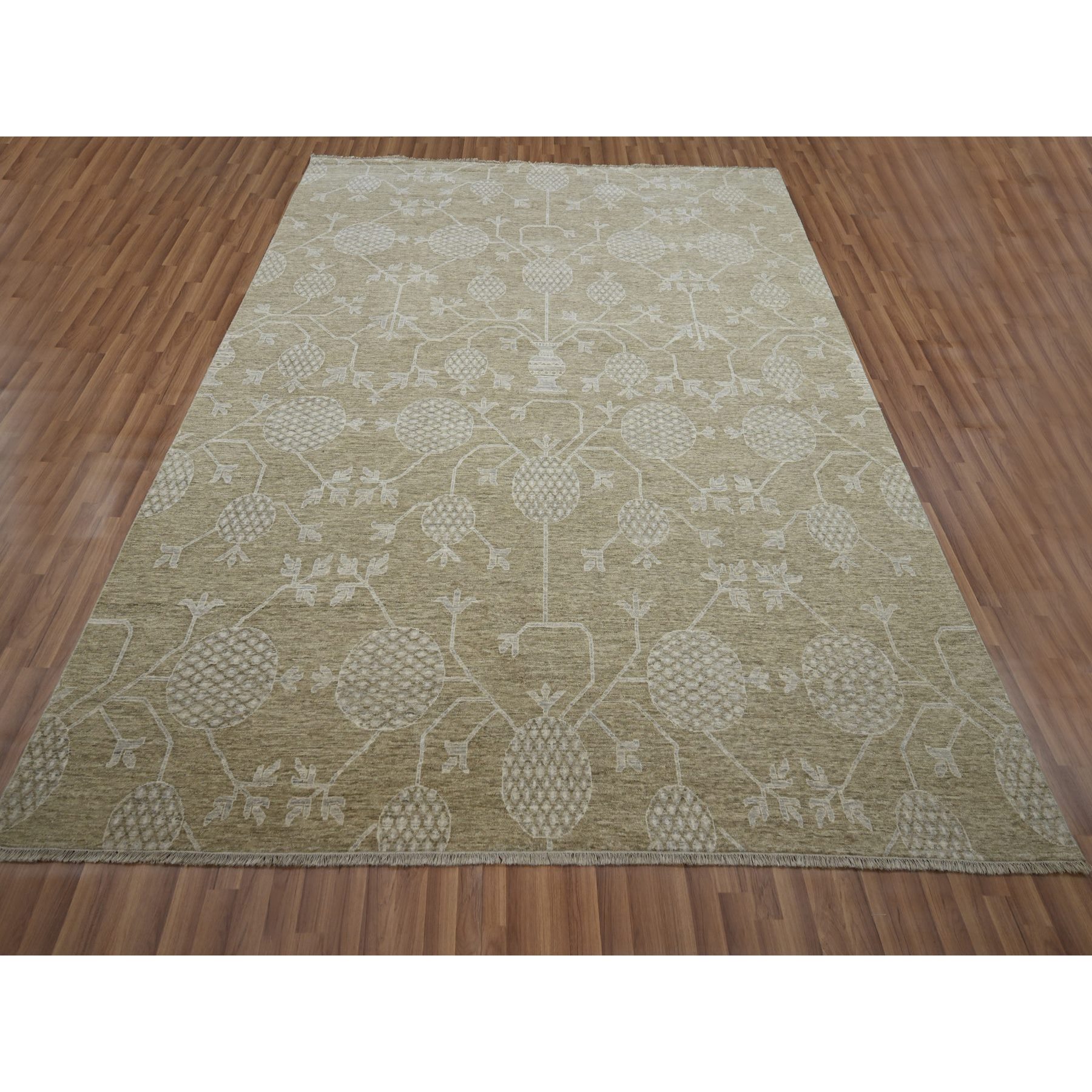 8'1"x10'1" Dark Vanilla Brown, Pomegranate Khotan Design, Tone on Tone, Zero Pile, 100% Wool, Hand Knotted, Dense Weave, Oriental Rug HR76166 - Image 2