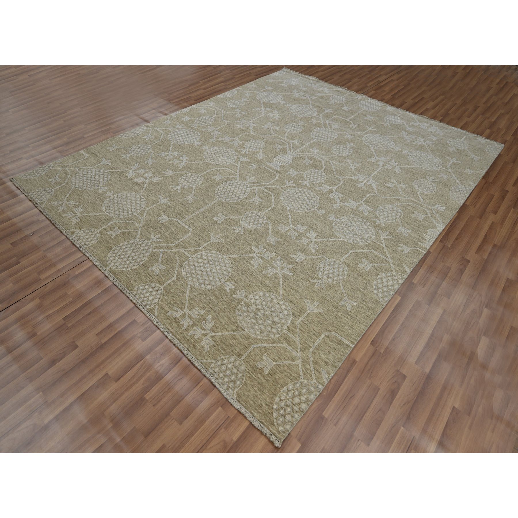 8'1"x10'1" Dark Vanilla Brown, Pomegranate Khotan Design, Tone on Tone, Zero Pile, 100% Wool, Hand Knotted, Dense Weave, Oriental Rug HR76166 - Image 3