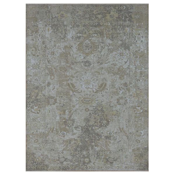 9'2"x12'5" Spanish Gray with Beige, Hand Knotted, Broken and Erased Sultanabad Design, Zero Pile, 100% Wool, Oriental Rug HR76169