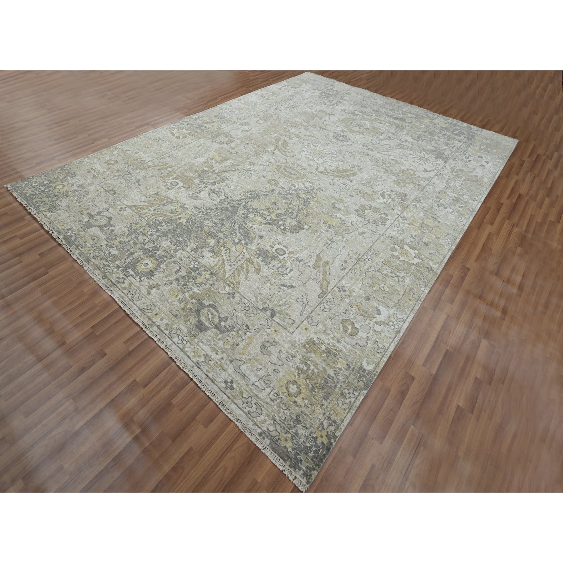 9'2"x12'5" Spanish Gray with Beige, Hand Knotted, Broken and Erased Sultanabad Design, Zero Pile, 100% Wool, Oriental Rug HR76169 - Image 3