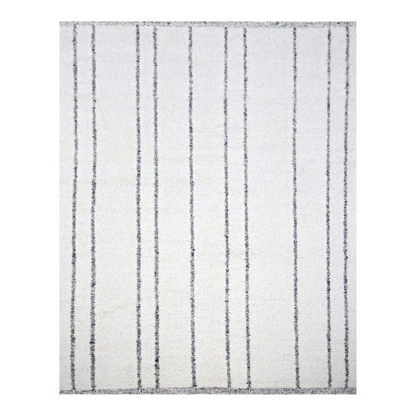 8'2"x10'2" Chiffon White, Moroccan Weave with Line Design, Modern, Textured Pile, Natural Undyed Wool, Hand Knotted, Shabby Chic, Oriental Rug HR76217