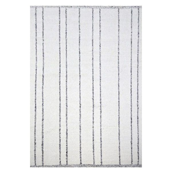 9'3"x12'1" Pearl White, Moroccan Weave with Line Design, Modern, Textured Pile, Natural Undyed Wool, Shabby Chic, Hand Knotted, Oriental Rug HR76220