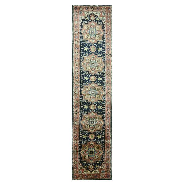 2'6"x11'5" Navy Blue, Heriz with Geometric Medallions Design, Natural Dyes, Hand Knotted, Soft Pile, Hand Spun New Zealand Wool, Runner, Oriental Rug HR76236