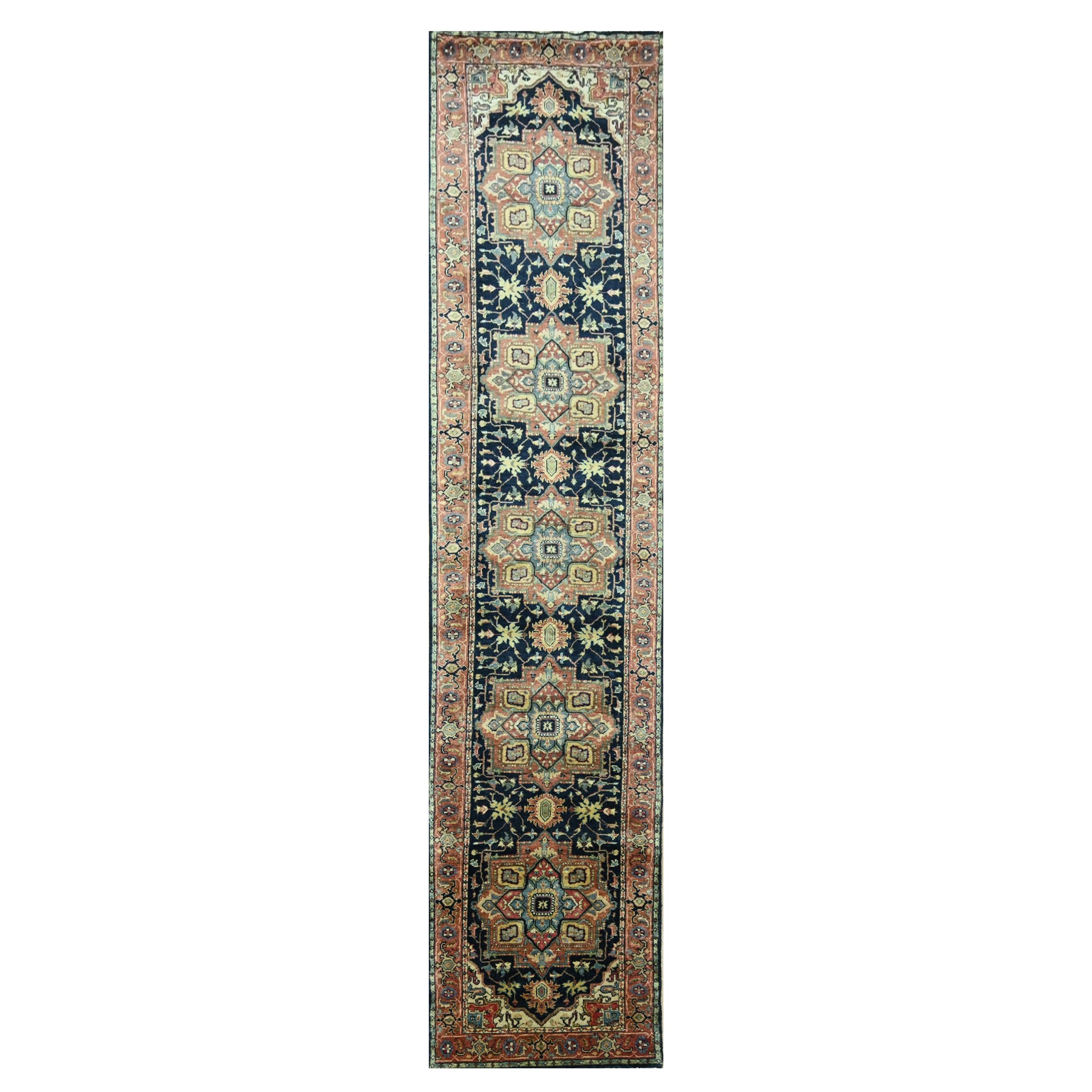 2'6"x11'5" Navy Blue, Heriz with Geometric Medallions Design, Natural Dyes, Hand Knotted, Soft Pile, Hand Spun New Zealand Wool, Runner, Oriental Rug HR76236
