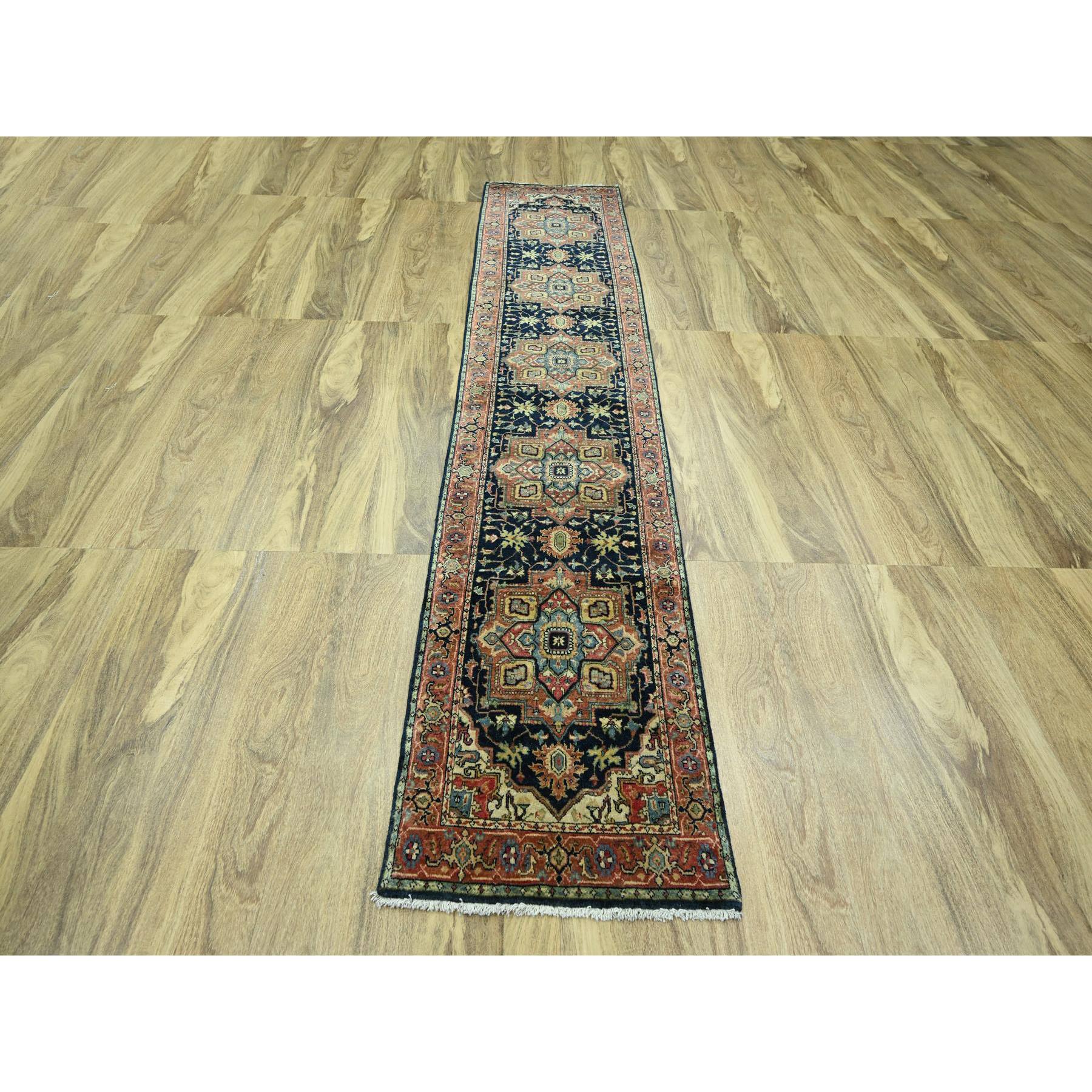 2'6"x11'5" Navy Blue, Heriz with Geometric Medallions Design, Natural Dyes, Hand Knotted, Soft Pile, Hand Spun New Zealand Wool, Runner, Oriental Rug HR76236 - Image 2