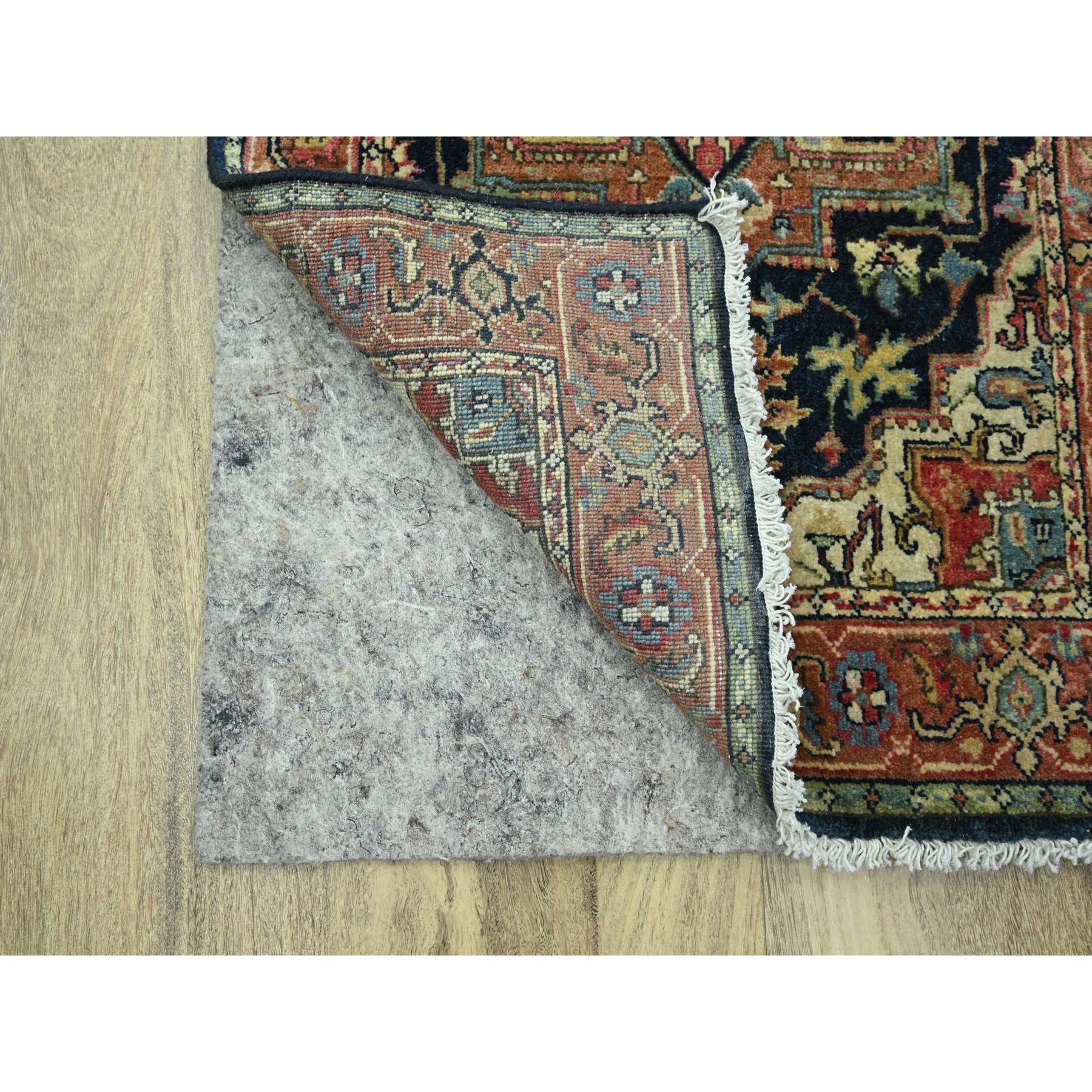 2'6"x11'5" Navy Blue, Heriz with Geometric Medallions Design, Natural Dyes, Hand Knotted, Soft Pile, Hand Spun New Zealand Wool, Runner, Oriental Rug HR76236 - Image 3