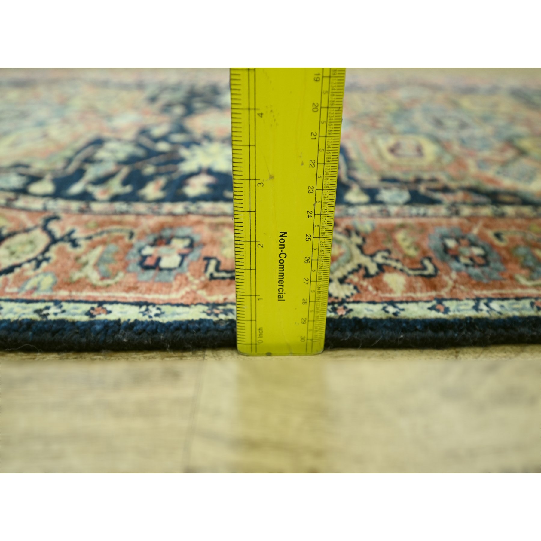 2'6"x11'5" Navy Blue, Heriz with Geometric Medallions Design, Natural Dyes, Hand Knotted, Soft Pile, Hand Spun New Zealand Wool, Runner, Oriental Rug HR76236 - Image 6