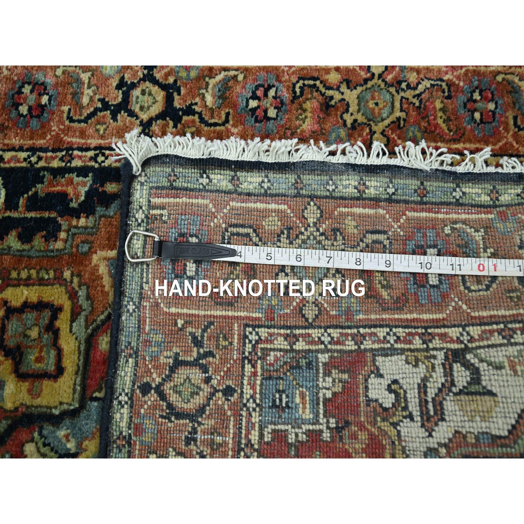 2'6"x11'5" Navy Blue, Heriz with Geometric Medallions Design, Natural Dyes, Hand Knotted, Soft Pile, Hand Spun New Zealand Wool, Runner, Oriental Rug HR76236 - Image 7