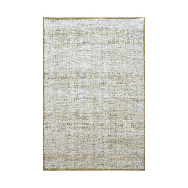 6'1"x9'1" Daisy White with Golden Yellow, Hand Knotted, Oxidized and Distressed Grass Design with Exposed Warps, Pure Wool, Oriental Rug HR76244