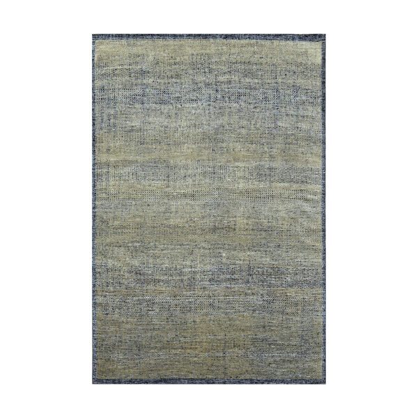 6'x9'2" Bone Brown with Charcoal Black, Oxidized and Distressed Grass Design with Exposed Warps, 100% Wool, Hand Knotted, Oriental Rug HR76246