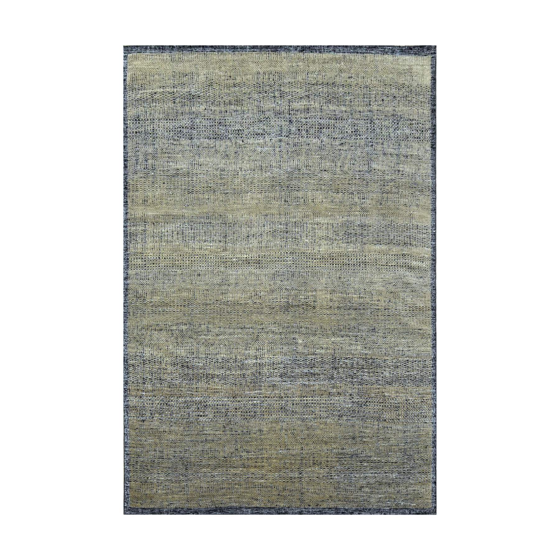 6'x9'2" Bone Brown with Charcoal Black, Oxidized and Distressed Grass Design with Exposed Warps, 100% Wool, Hand Knotted, Oriental Rug HR76246