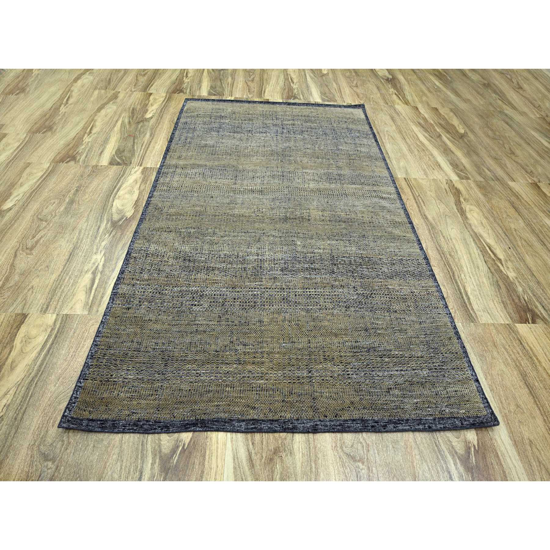6'x9'2" Bone Brown with Charcoal Black, Oxidized and Distressed Grass Design with Exposed Warps, 100% Wool, Hand Knotted, Oriental Rug HR76246 - Image 2