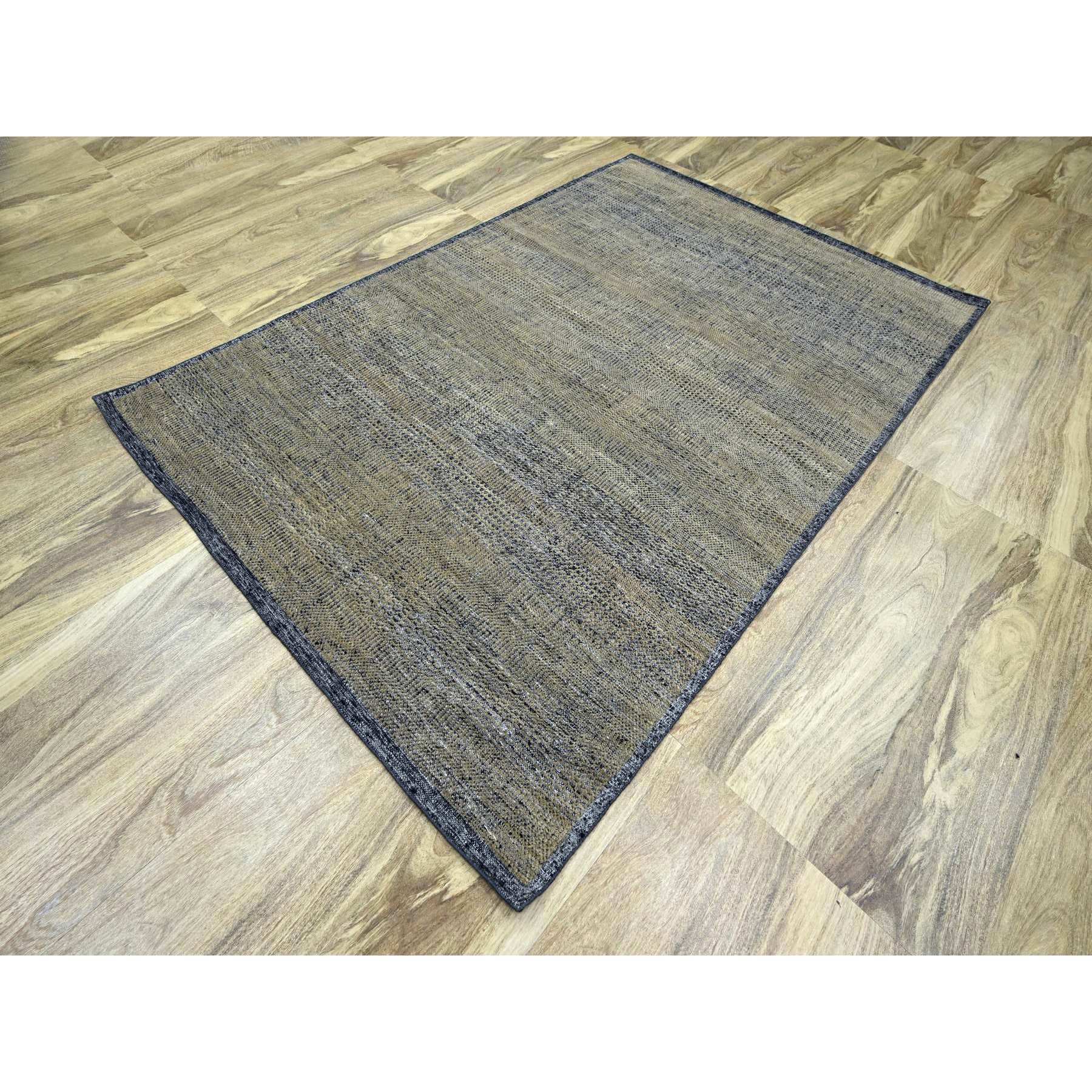 6'x9'2" Bone Brown with Charcoal Black, Oxidized and Distressed Grass Design with Exposed Warps, 100% Wool, Hand Knotted, Oriental Rug HR76246 - Image 3