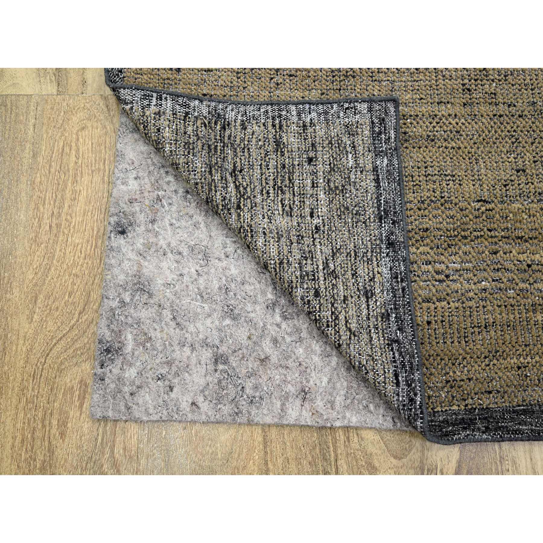 6'x9'2" Bone Brown with Charcoal Black, Oxidized and Distressed Grass Design with Exposed Warps, 100% Wool, Hand Knotted, Oriental Rug HR76246 - Image 4