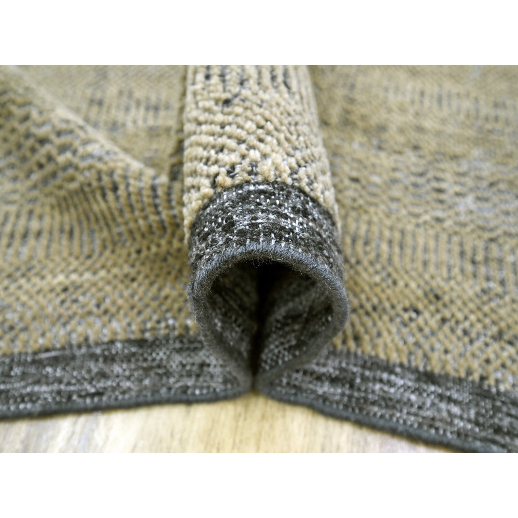 6'x9'2" Bone Brown with Charcoal Black, Oxidized and Distressed Grass Design with Exposed Warps, 100% Wool, Hand Knotted, Oriental Rug HR76246 - Image 5