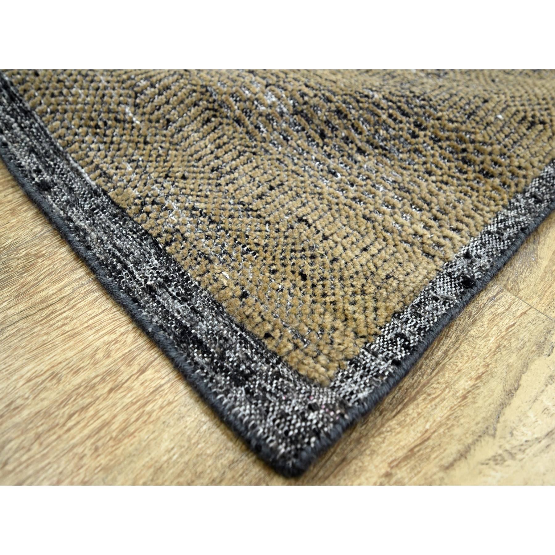 6'x9'2" Bone Brown with Charcoal Black, Oxidized and Distressed Grass Design with Exposed Warps, 100% Wool, Hand Knotted, Oriental Rug HR76246 - Image 6