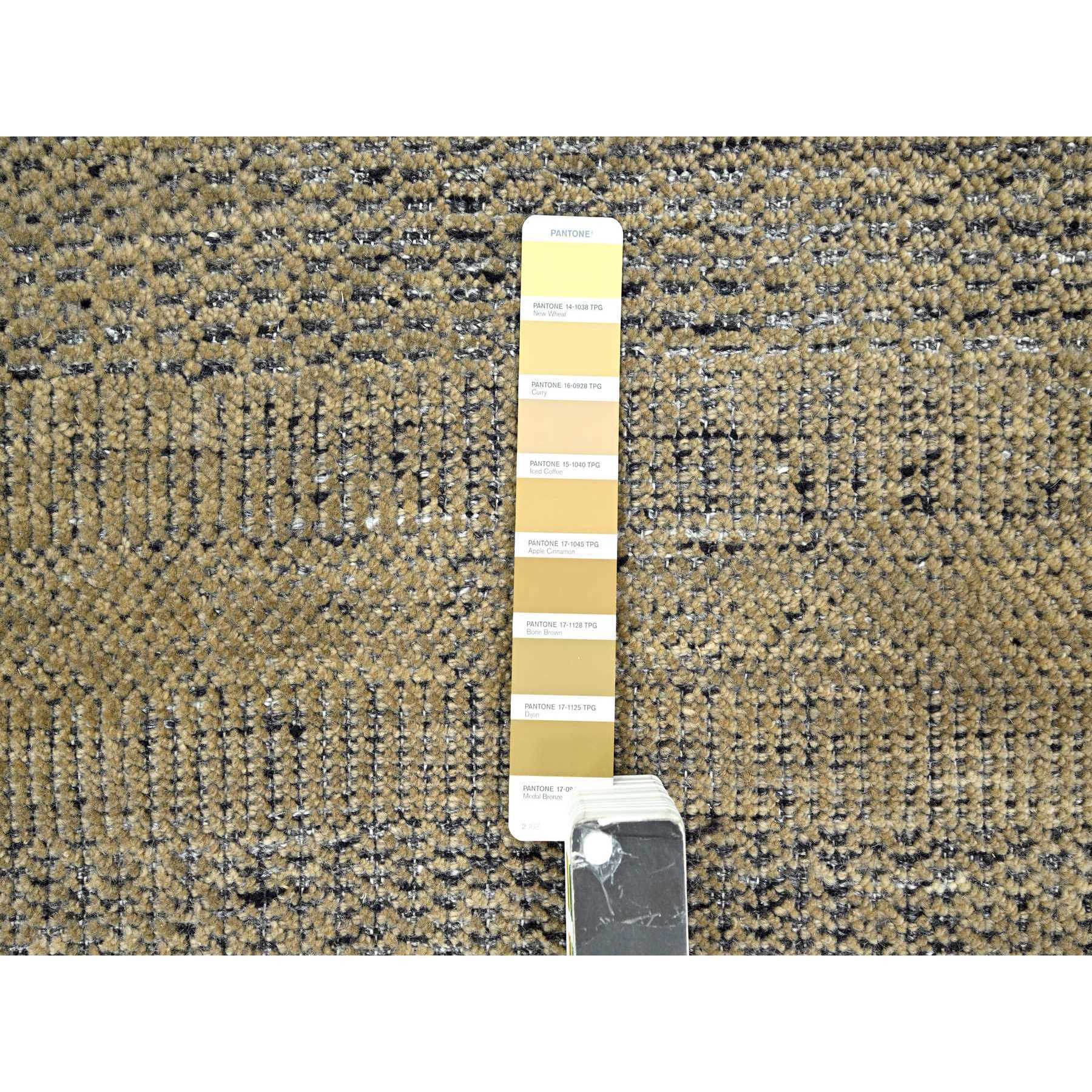 6'x9'2" Bone Brown with Charcoal Black, Oxidized and Distressed Grass Design with Exposed Warps, 100% Wool, Hand Knotted, Oriental Rug HR76246 - Image 7