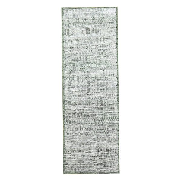 2'3"x8' Cotton White with Forest Green, Hand Knotted, Oxidized and Distressed Grass Design with Exposed Warps, 100% Wool, Narrow Runner, Oriental Rug HR76253