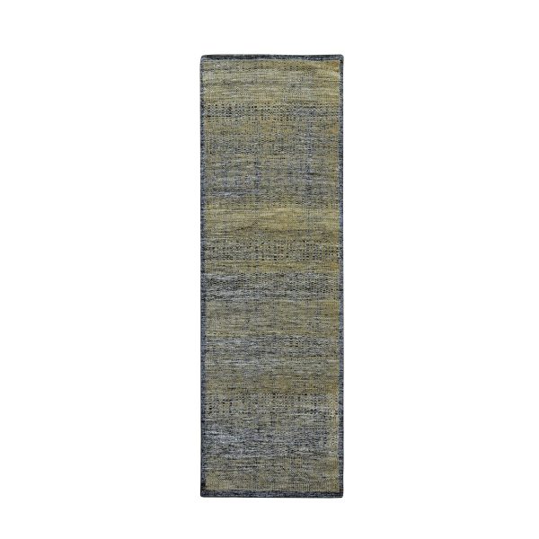 2'6"x8' Charcoal Black with Bone Brown, Oxidized and Distressed Grass Design with Exposed Warps, 100% Wool, Hand Knotted, Runner, Oriental Rug HR76264