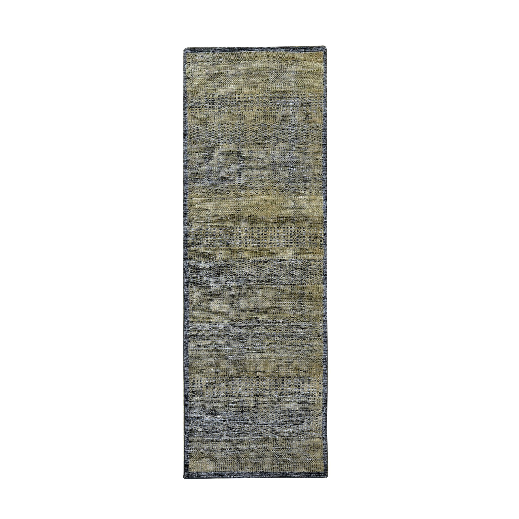 2'6"x8' Charcoal Black with Honey Brown, Oxidized and Distressed Grass Design with Exposed Warps, 100% Wool, Hand Knotted, Runner, Oriental Rug HR76267
