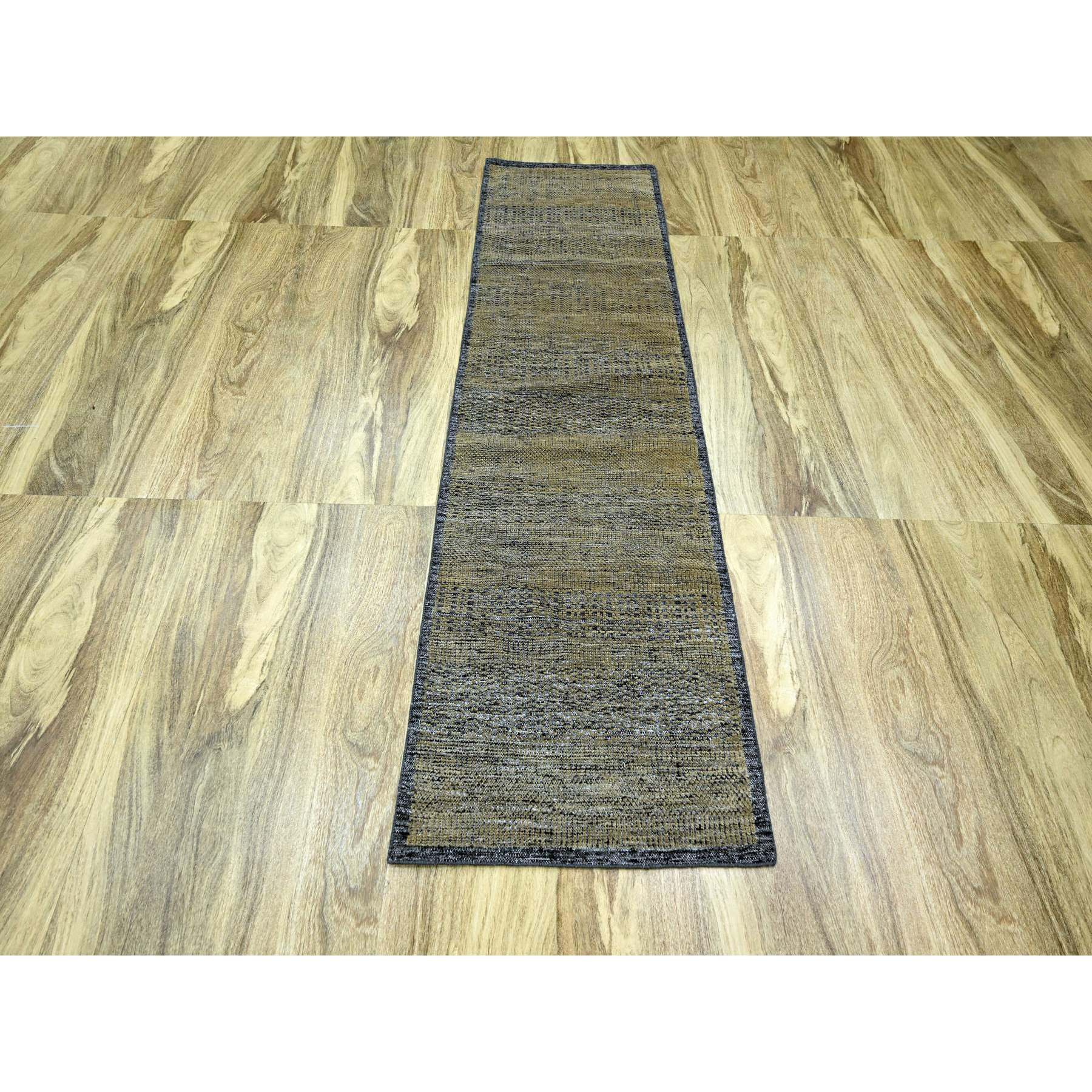 2'6"x8' Charcoal Black with Honey Brown, Oxidized and Distressed Grass Design with Exposed Warps, 100% Wool, Hand Knotted, Runner, Oriental Rug HR76267 - Image 2