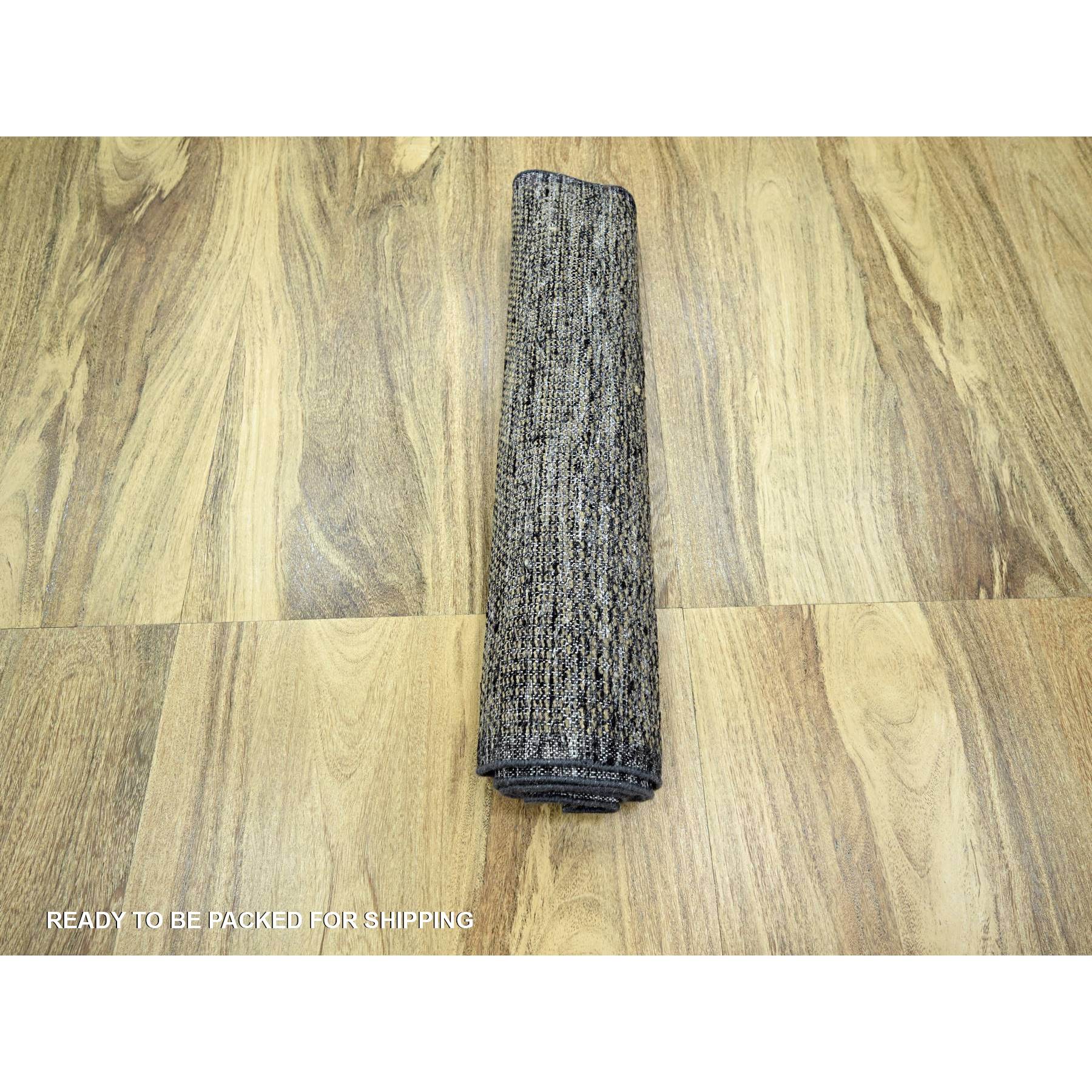 2'6"x8' Charcoal Black with Honey Brown, Oxidized and Distressed Grass Design with Exposed Warps, 100% Wool, Hand Knotted, Runner, Oriental Rug HR76267 - Image 5