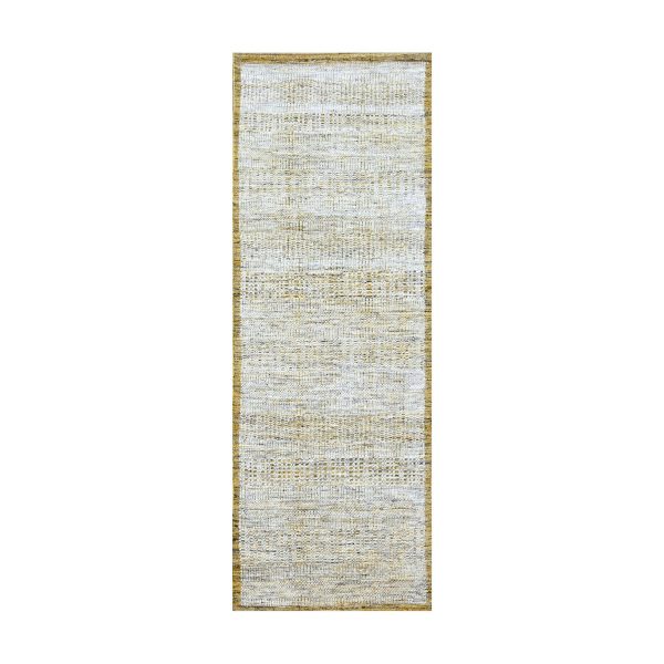 2'8"x6' Daisy White with Golden Yellow, Oxidized and Distressed Grass Design with Exposed Warps, Hand Knotted, 100% Wool, Runner, Oriental Rug HR76272
