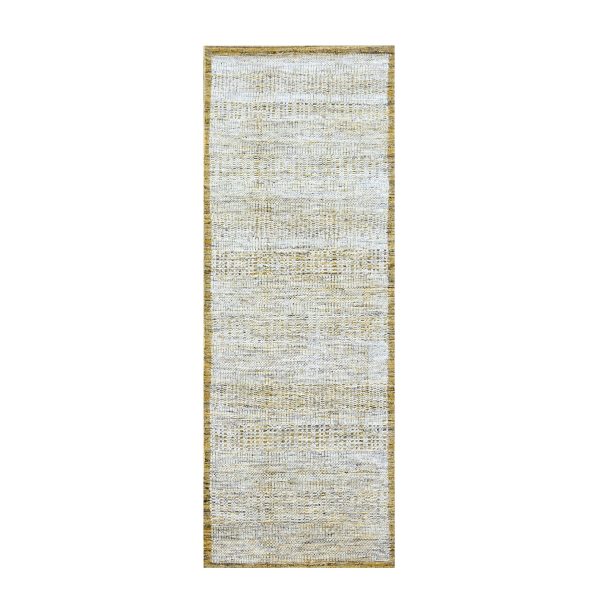 2'8"x6' Vista White with Nugget Gold, 100% Wool, Oxidized and Distressed Grass Design with Exposed Warps, Hand Knotted, Runner, Oriental Rug HR76274