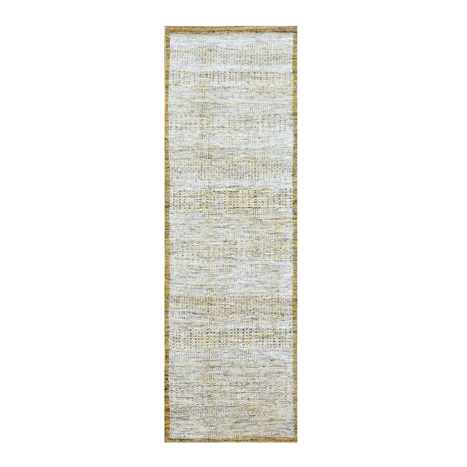 2'8"x8'2" Daisy White with Golden Yellow, Hand Knotted, Oxidized and Distressed Grass Design with Exposed Warps, 100% Wool, Runner, Oriental Rug HR76275